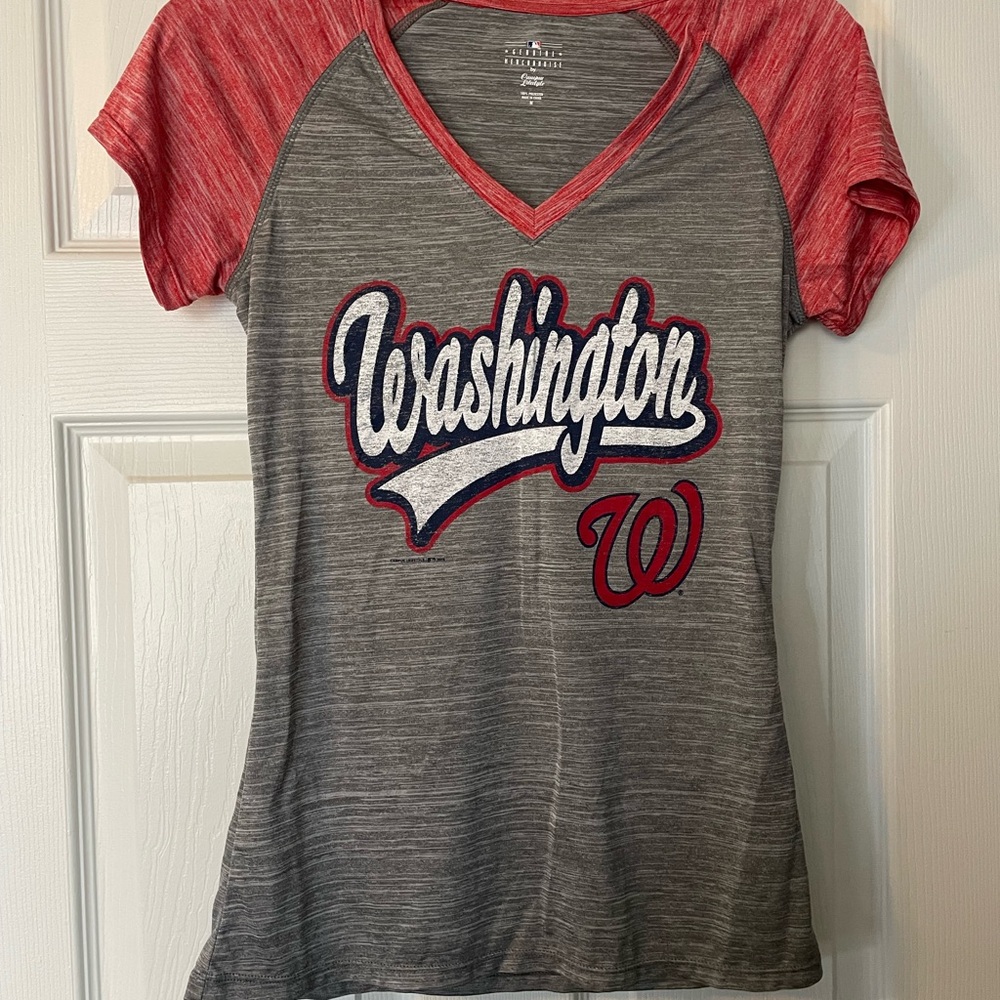 Washington Nationals Women's Gray and Red V-Neck T-Shirt
